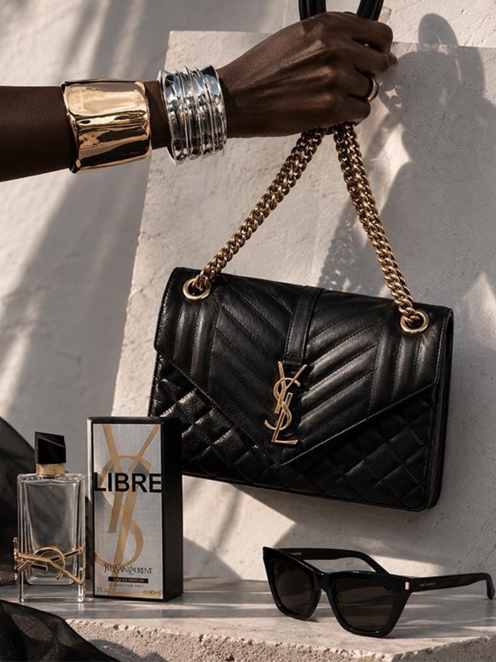 Saint Laurent Black Quilted Leather Shoulder Bag with Gold Chain